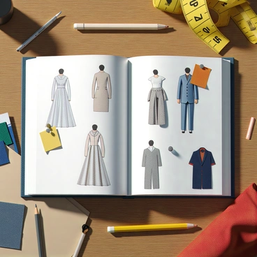A fashion designer's sketchbook is opened and displayed on a wooden table. The pages reveal detailed sketches of various clothing designs, showcasing a range of styles including a sleek evening gown, a casual summer dress, and a tailored suit. Each sketch is accompanied by colorful fabric swatches that are pinned to the pages, showing textures like silk, cotton, and denim. The surrounding area has scattered pencils and a measuring tape, adding to the sense of an active design process. The lighting casts soft shadows, highlighting the intricacy of the designs and the vivid colors of the swatches.