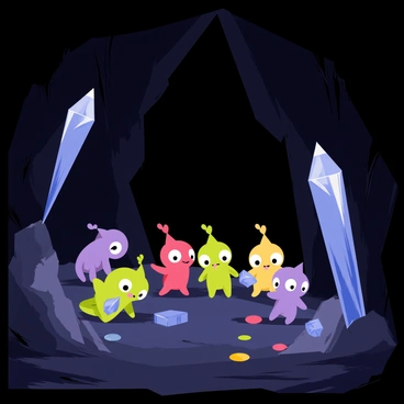 A group of colorful Pikmin with varying features is exploring a dark cave. The cave walls are rough and rocky, creating a shadowy environment. Glowing crystals in shades of blue, green, and purple protrude from the walls and floor, casting bright light that illuminates the path ahead. Some Pikmin are curiously examining the crystals, while others are gathering small items scattered on the ground. The atmosphere is lively as the Pikmin communicate with each other, showcasing their teamwork in this adventurous exploration.