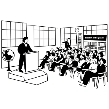 Frederick Douglass standing confidently at a wooden podium in a university auditorium, delivering a lecture. He is dressed in a formal suit with a bow tie. There are rows of wooden chairs filled with an engaged audience, listening attentively. The room has large windows allowing natural light to fill the space. A banner with the words "Freedom and Equality" is displayed prominently in the background. There are bookshelves lined with books along the walls, and a large globe sits in one corner of the room.