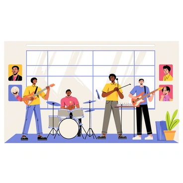 A band is rehearsing in a bright studio illuminated by sunlight streaming through large windows. The studio is filled with various musical instruments, including a shiny silver drum set, an electric guitar resting against an amplifier, and a keyboard positioned in the corner. The band members are engaged in their practice, with one musician singing into a microphone, another playing the guitar, and a drummer in the background keeping the rhythm. Colorful posters of famous musicians decorate the walls, adding to the lively atmosphere of creativity.