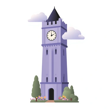 A tall clock tower with a large round clock face prominently displayed at the top. The clock hands are pointing to three o'clock. The tower is made of gray stone with intricate carvings and a peaked roof. Surrounding the base of the clock tower are green trees with bright leaves and colorful flowers in a garden, adding vibrancy. The sky above is a clear blue with a few fluffy white clouds scattered across. The tower stands against the sky, conveying a sense of strength and reliability.