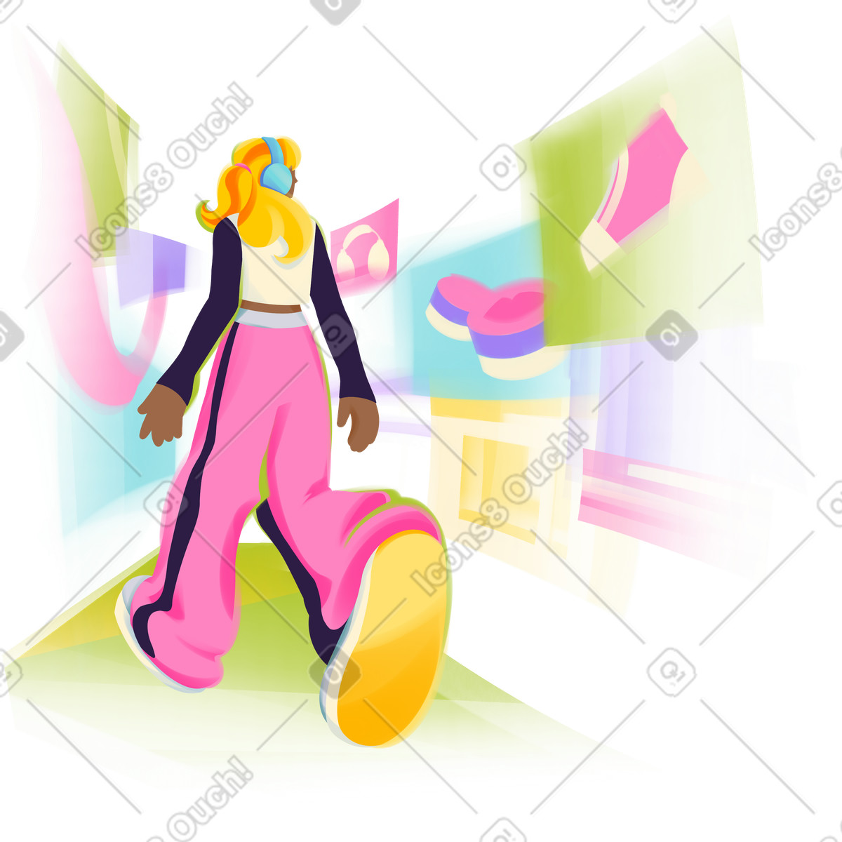 Young woman walking among advertisements and promotions illustrazione in stile Dynamic scarica in PNG, SVG