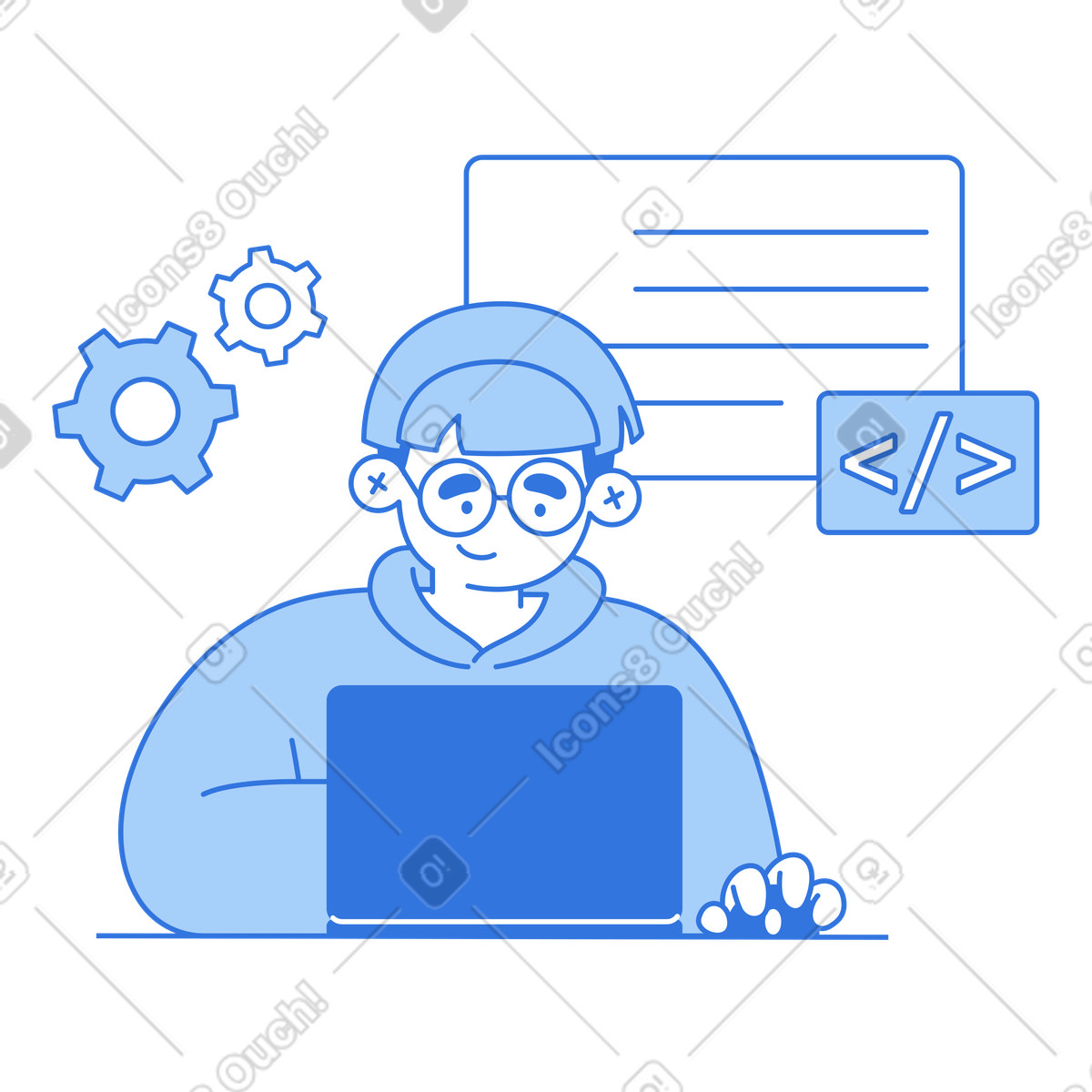 Illustration Developer coding at laptop, Software development workflow dans le style Sky à télécharger aux formats PNG, SVG