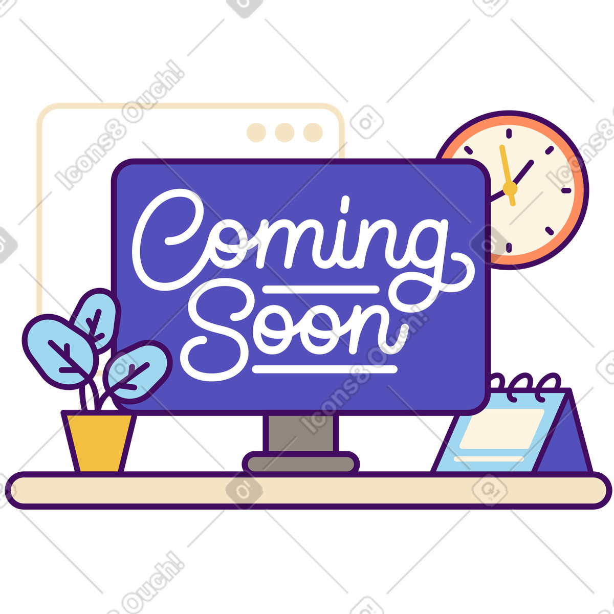 Desktop screen showing coming soon text, Service update notification illustration in Simplistic style download in PNG, SVG