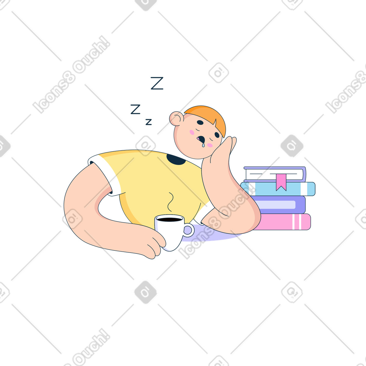 Man fell asleep while studying illustration in Bubble gum style download in PNG, SVG