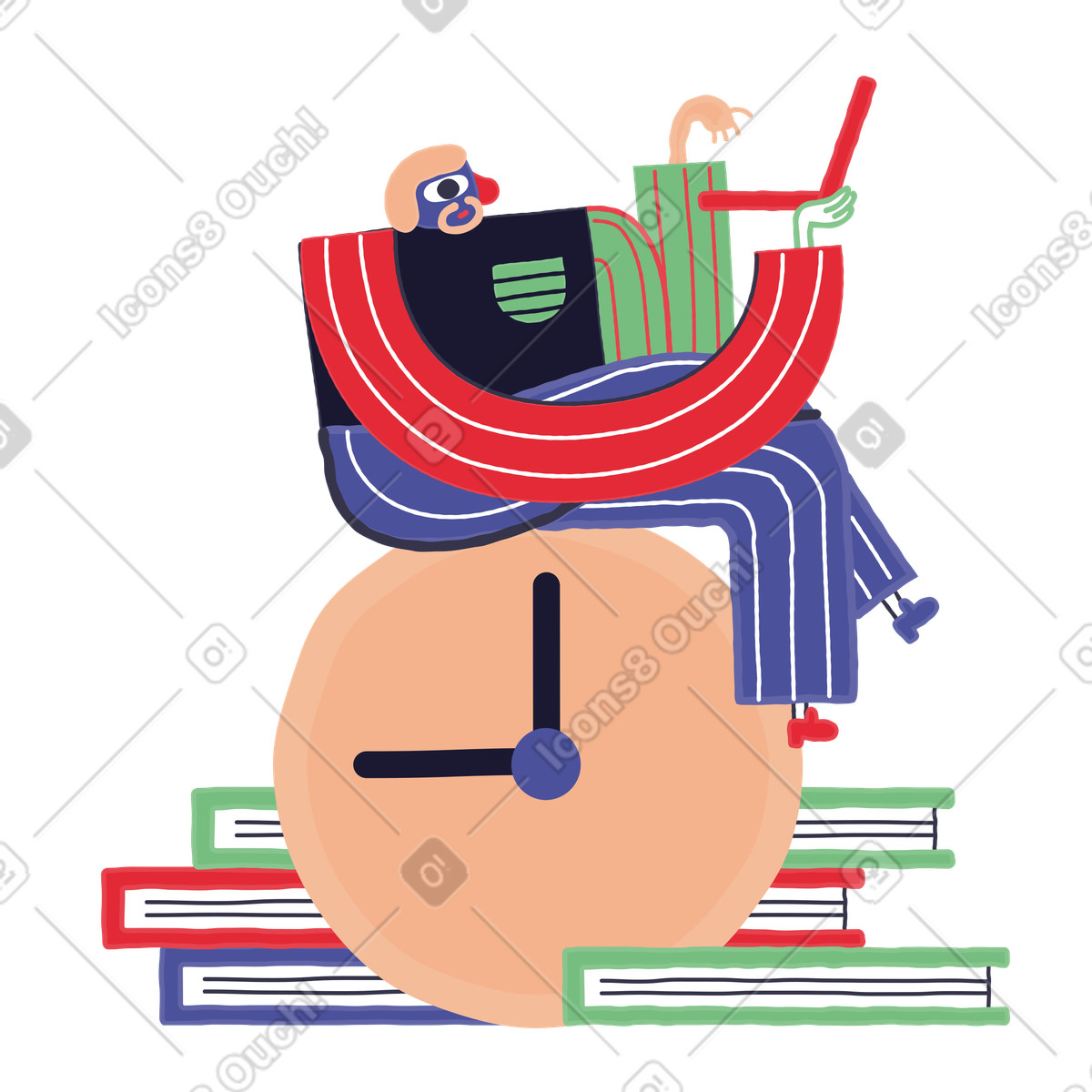 Mann, der auf einer uhr mit einem laptop in seinen händen sitzt-Illustration im Stripy-Stil als Download PNG, SVG