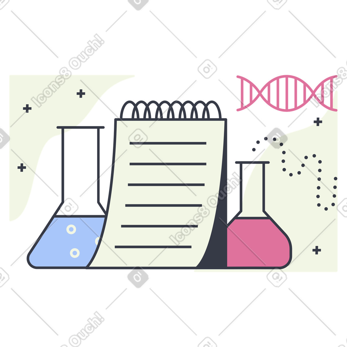 Science flasks with notepad and DNA, Biotech experiment or genetic engineering illustration in Abstract style download in PNG, SVG