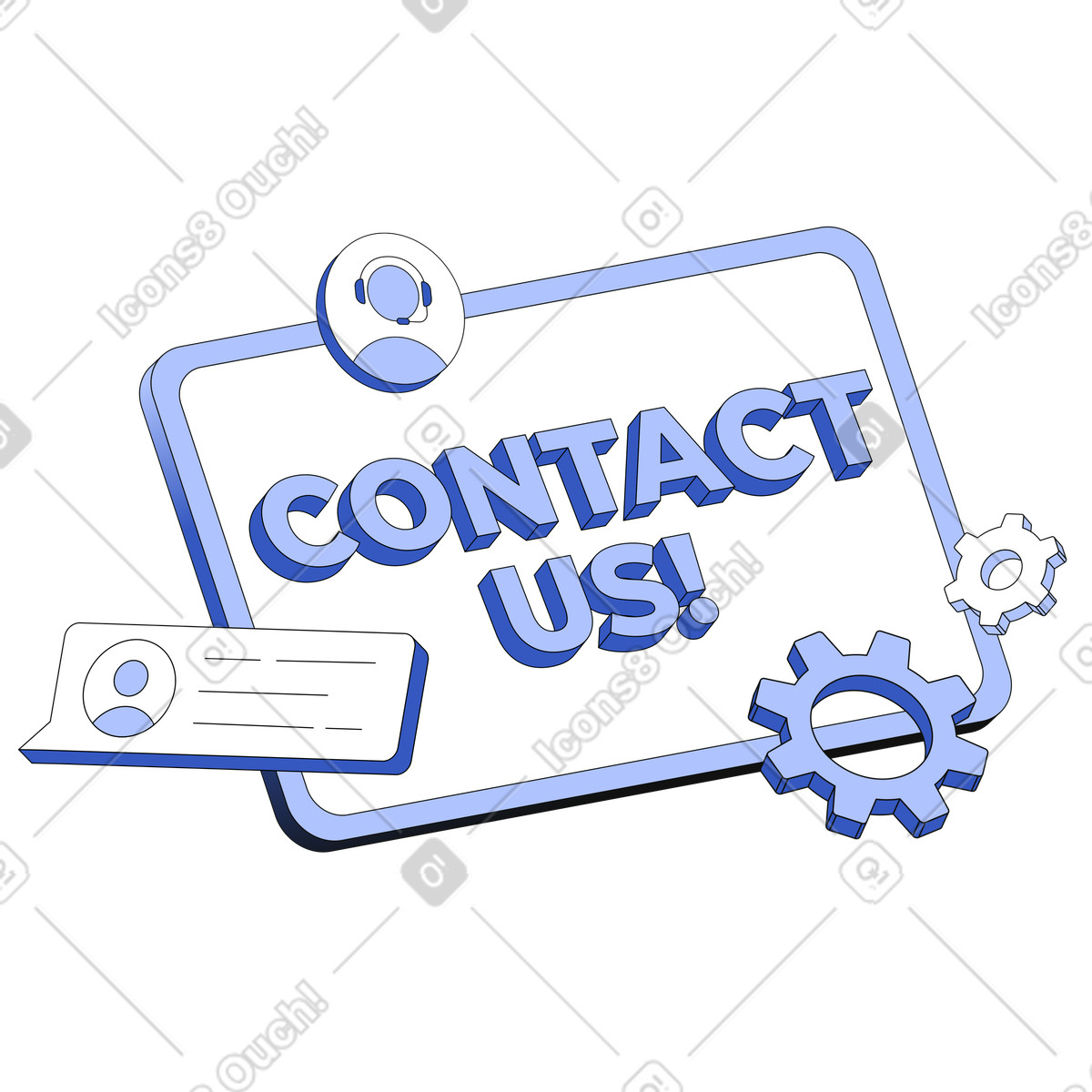 Schriftzug „kontakt!“ mit social-media-elementen und support-schildertext-Illustration im Techny-Stil als Download in PNG, SVG