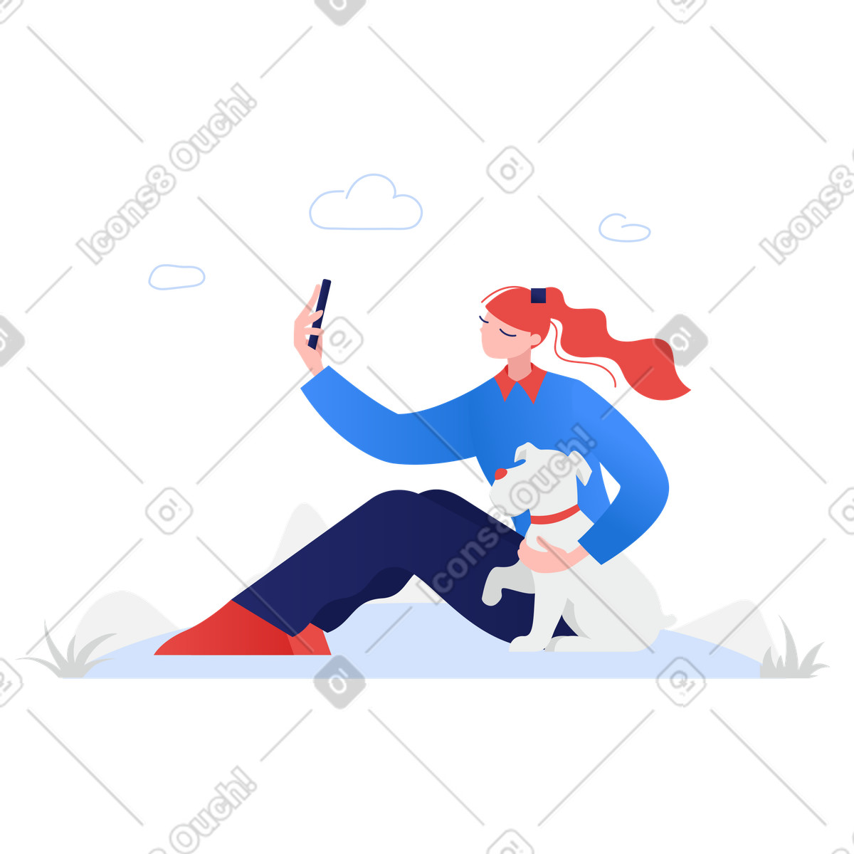 Illustration Femme avec un chien dans le parc prenant une photo aux formats PNG et SVG