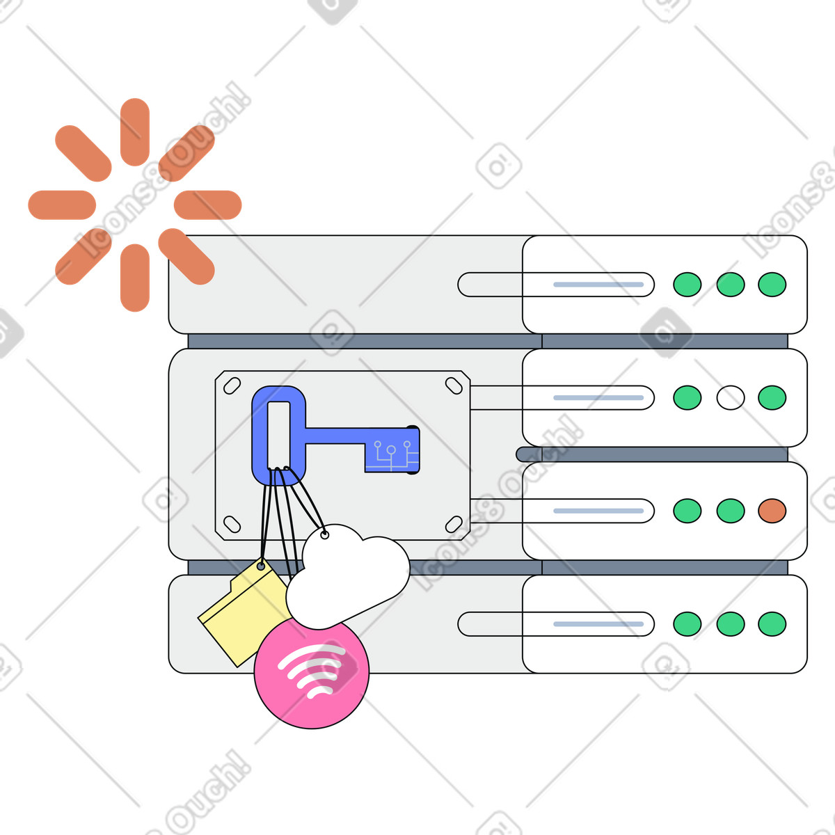 Multifunctional data synchronization,Secure multi-platform sync,Cloud-based server integration illustration in Teko style download in PNG, SVG
