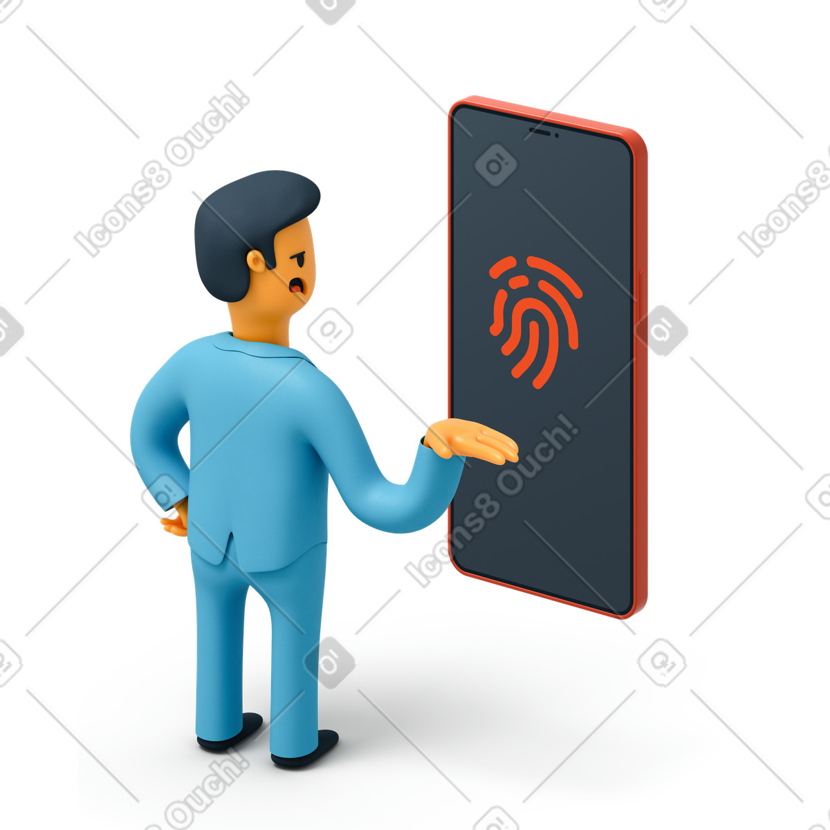 Ilustração de Empresário usando um telefone com scanner impressão digital em no estilo 3D Flame para baixar em PNG, SVG