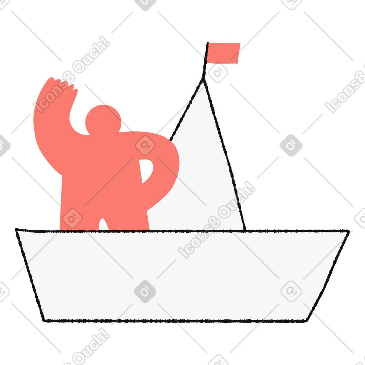 Ilustración Sailboat traveler waving hand beside triangular sail and flag en estilo Bold People a descargar en PNG y SVG