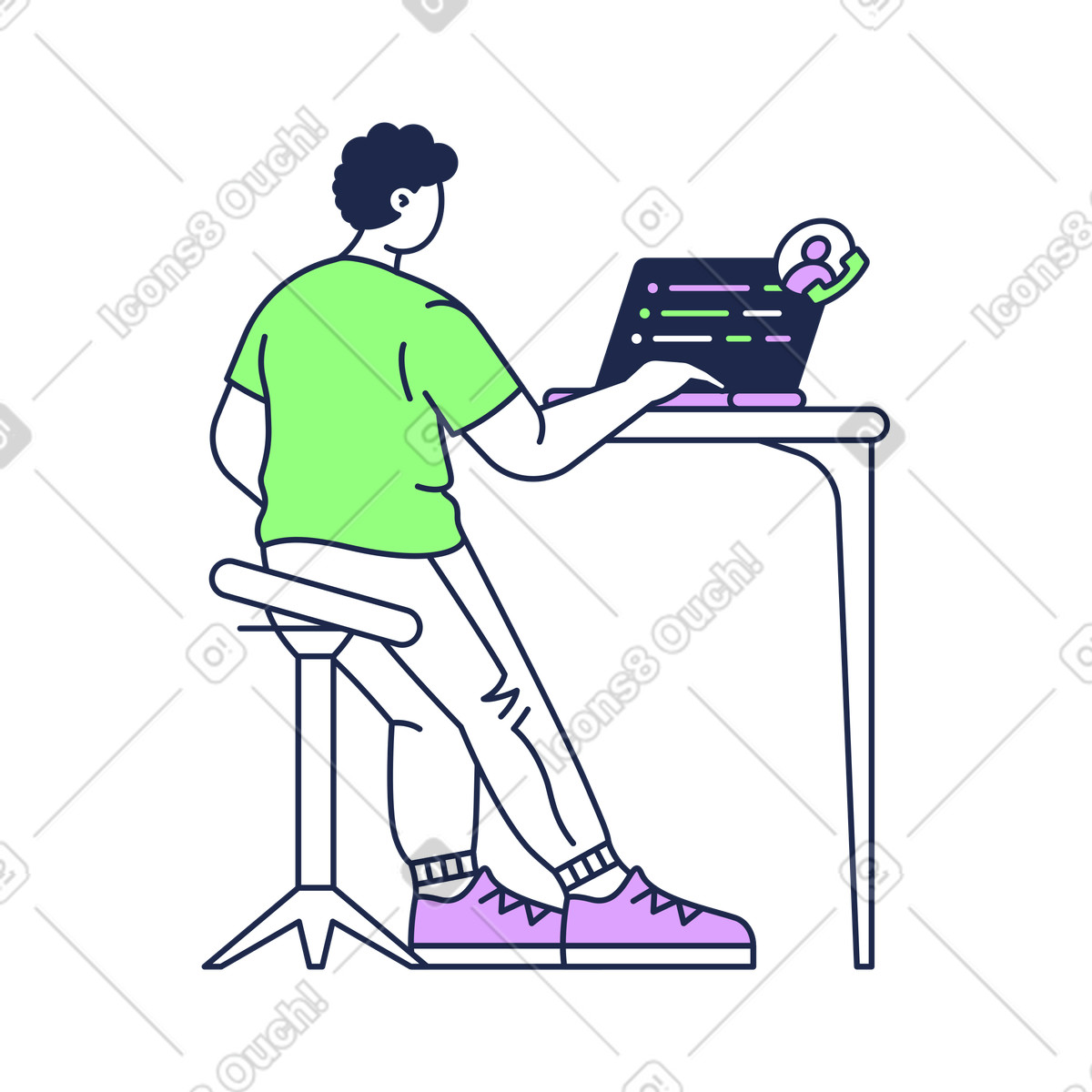 Developer coding during video call, Online meeting or remote collaboration animated illustration in Outline style download in GIF, Lottie (JSON), AE