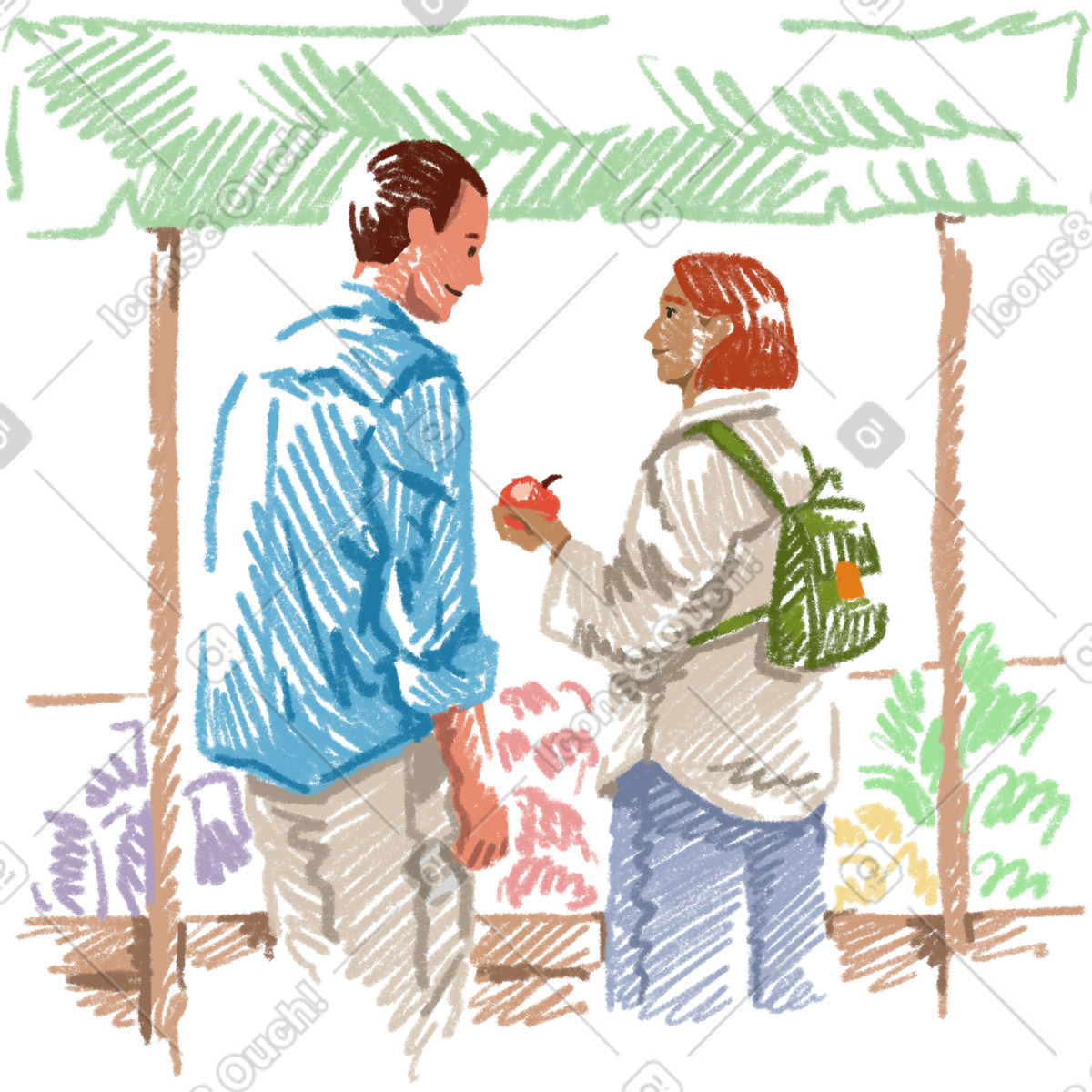 Ilustración Man and woman shopping at the farmers market en estilo Sketchbook a descargar en PNG y SVG