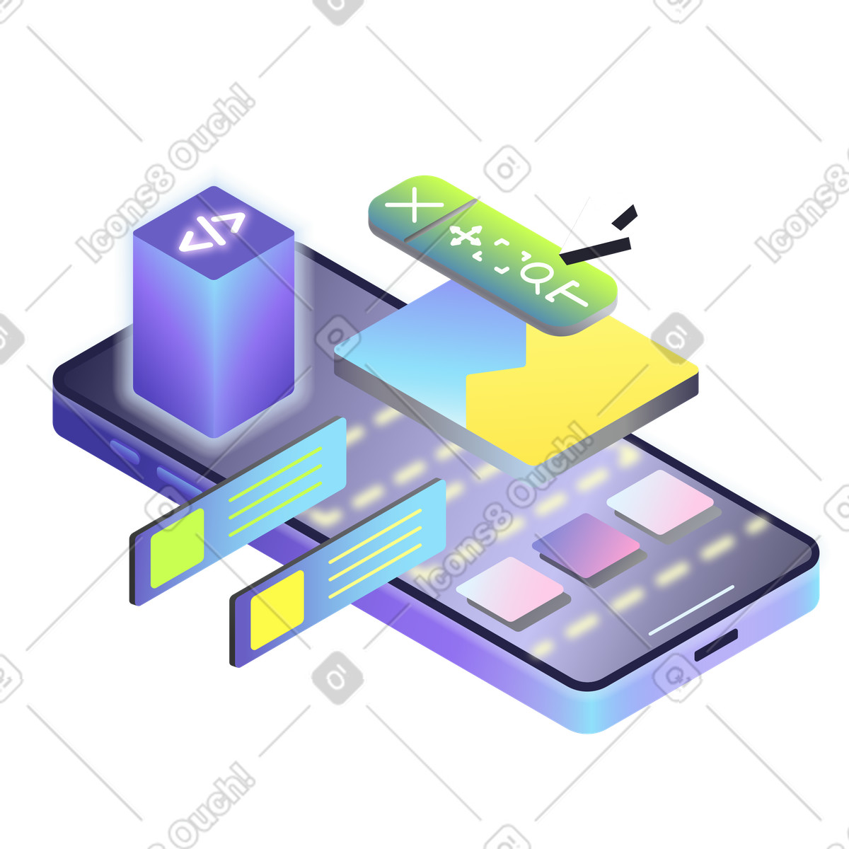 Mobile app development and user interface elements illustration in PNG, SVG
