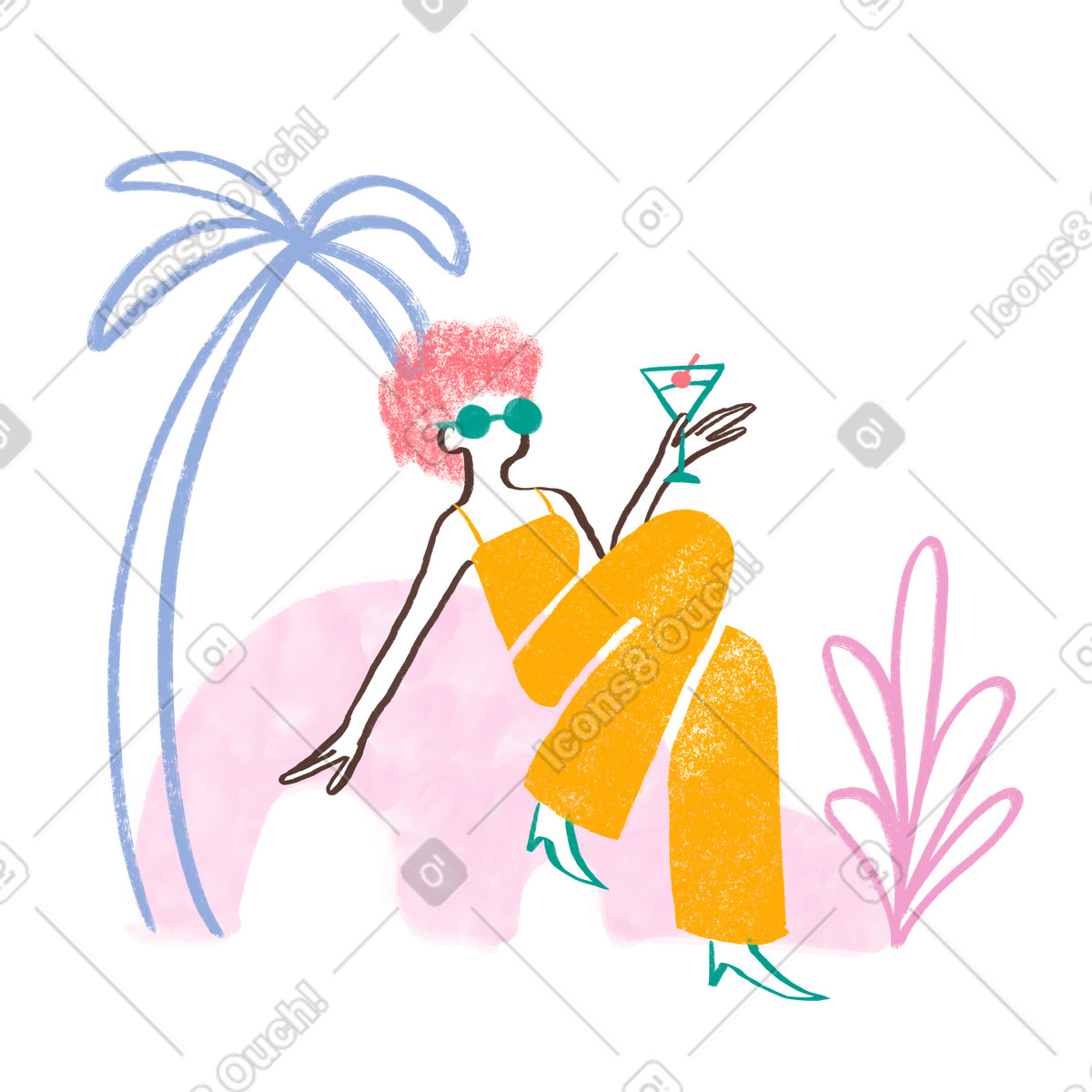Woman relaxing with cocktail near tropical trees illustration in Company style download in PNG, SVG