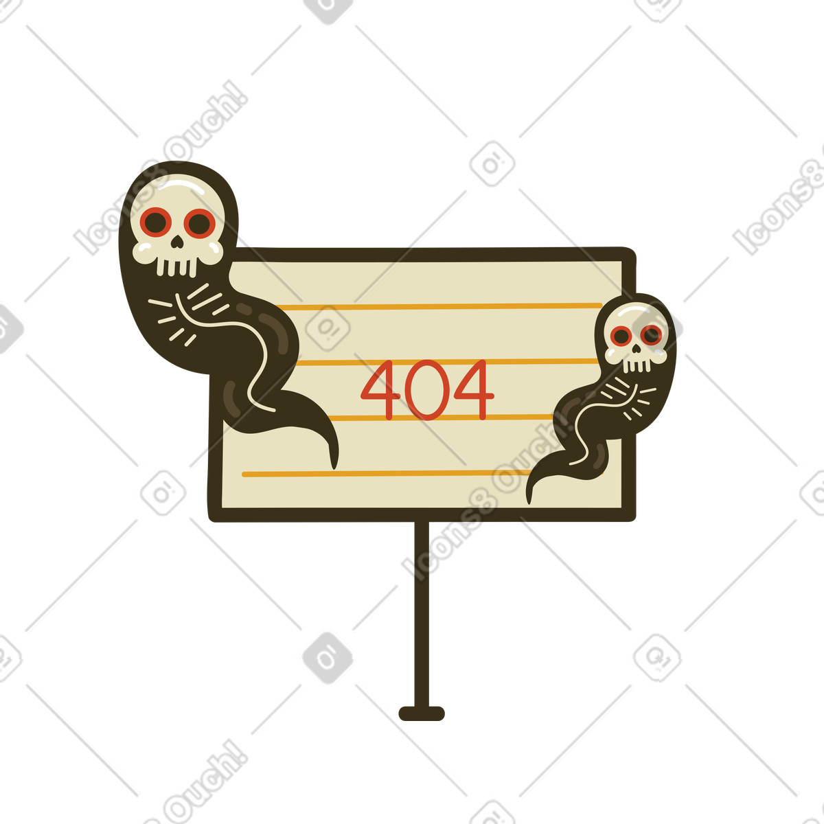 Illustration Spooky 404 signage with skeleton ghosts, Page not found or broken link dans le style Arabica à télécharger aux formats PNG, SVG
