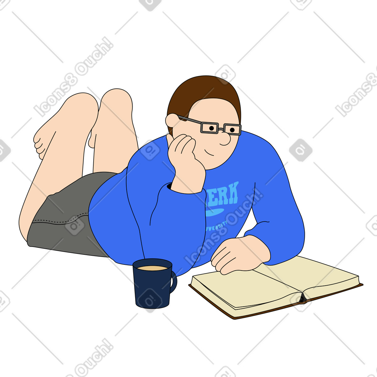 Young man lying down reading a book illustration reader clipart image in PNG, SVG, GIF