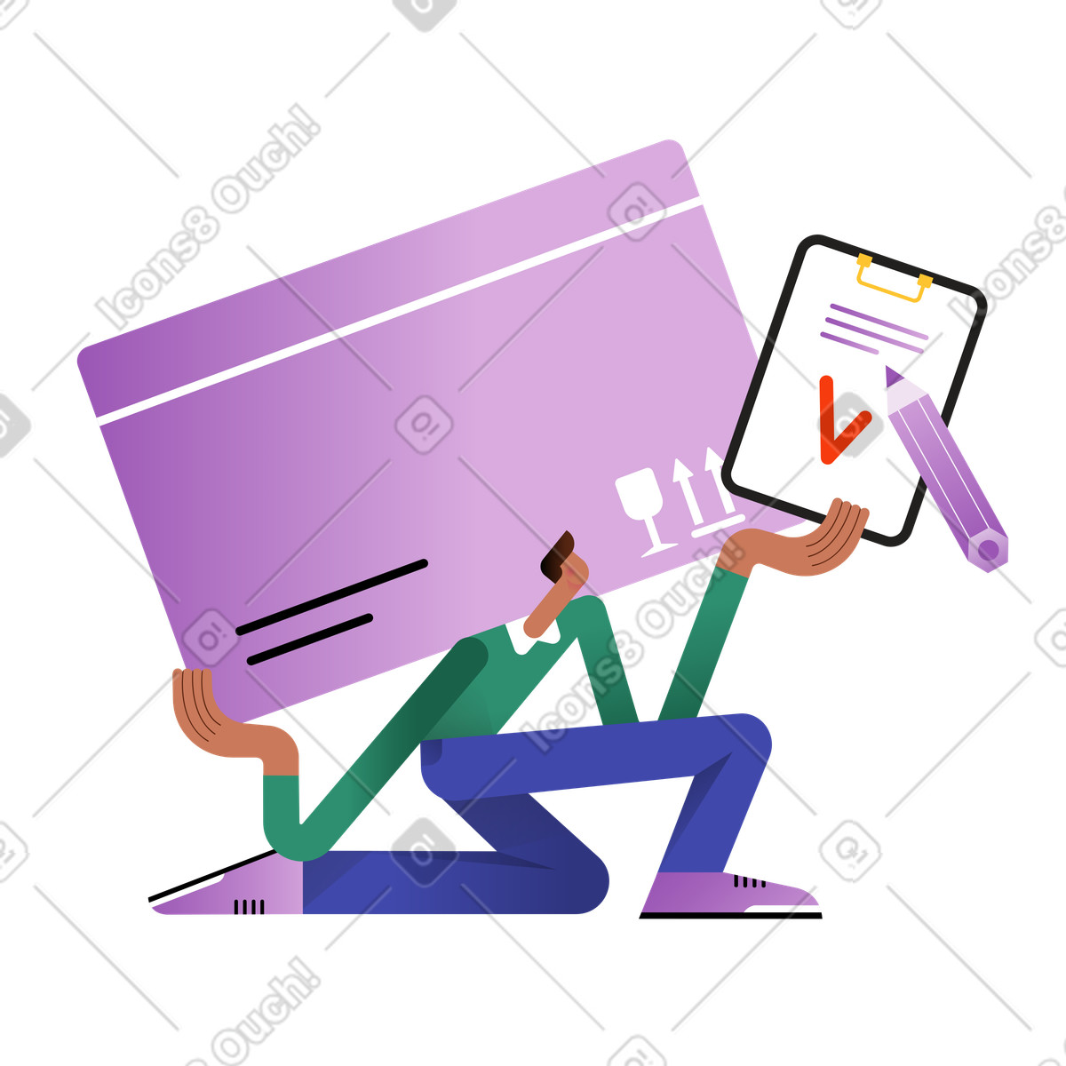 下载 Wavy 风格的 Delivery worker with large parcel and clipboard, e-commerce order fulfillment 插画，支持 PNG、SVG 格式