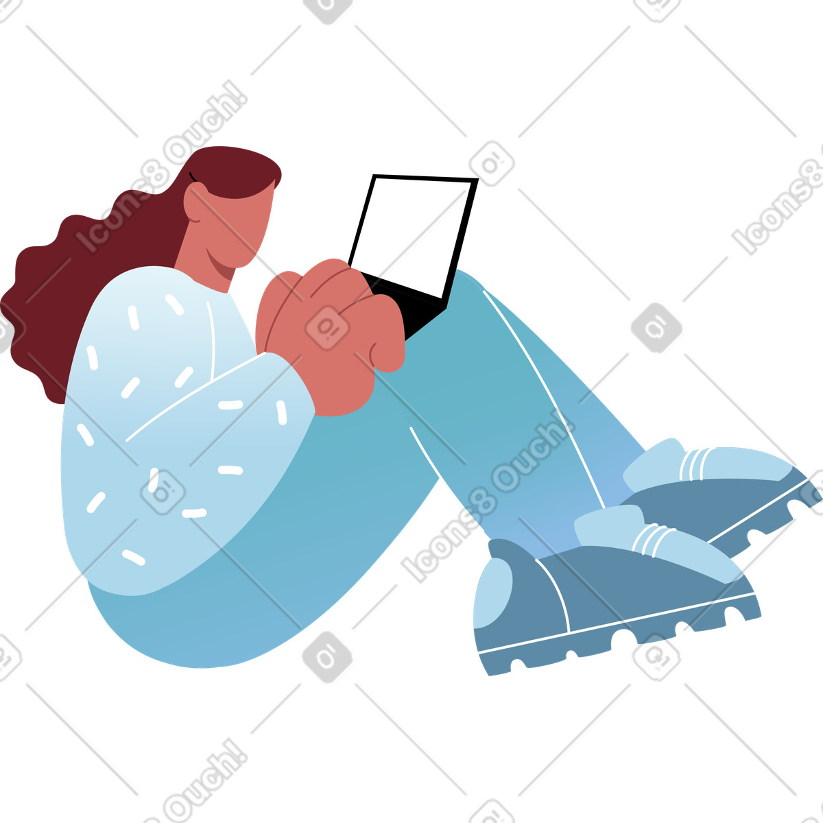 Ilustración Mujer sentada frente a una laptop en estilo Airy descargar en PNG y SVG