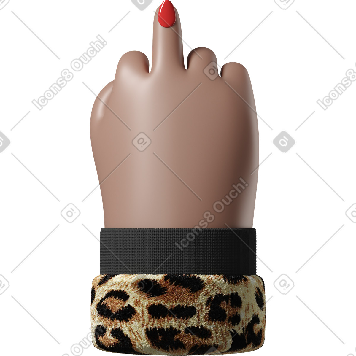 3D Hands Fun&Wild 스타일의 가운데 손가락을 보여주는 표범 재킷에 빨간색 페인트 손톱과 갈색 피부 손 일러스트레이션 PNG, SVG 다운로드