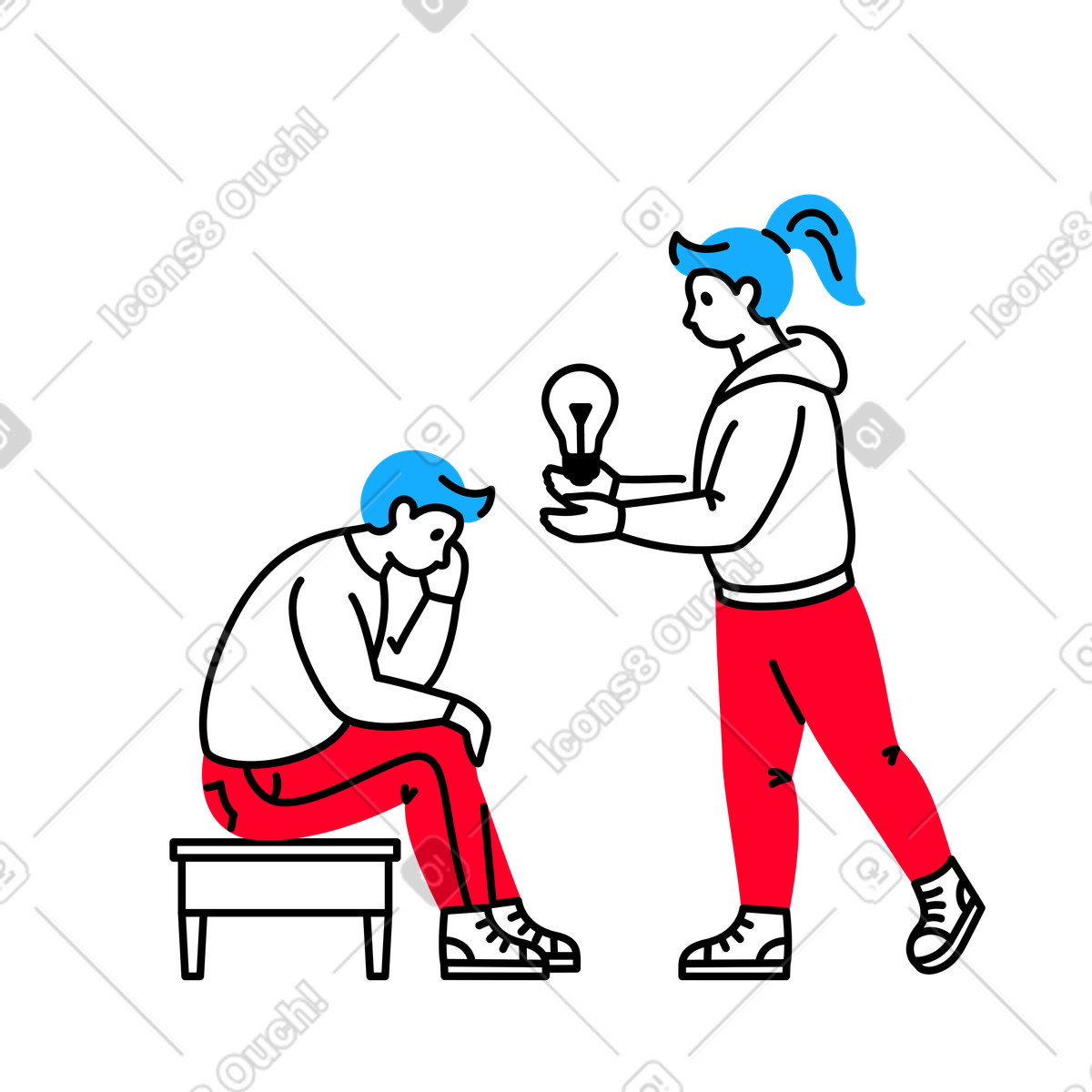 Ilustração de Mulher ajudando o homem a ter uma ideia em no estilo Transistor para baixar em PNG, SVG