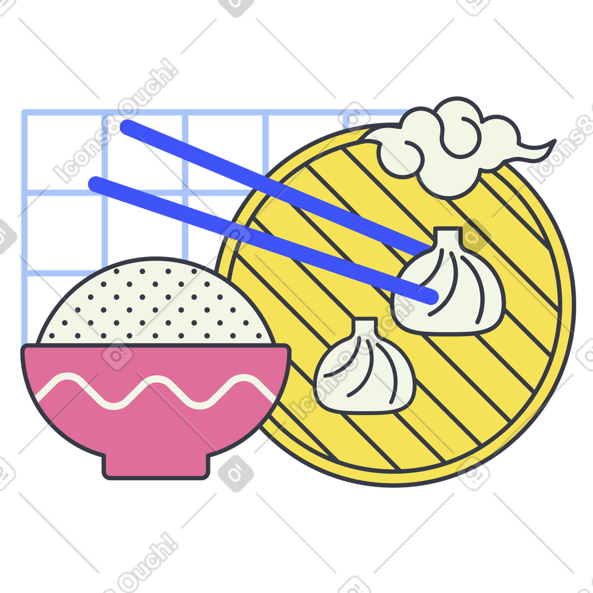 Chinese food: bowl of rice and baozi illustration in Abstract style download in PNG, SVG