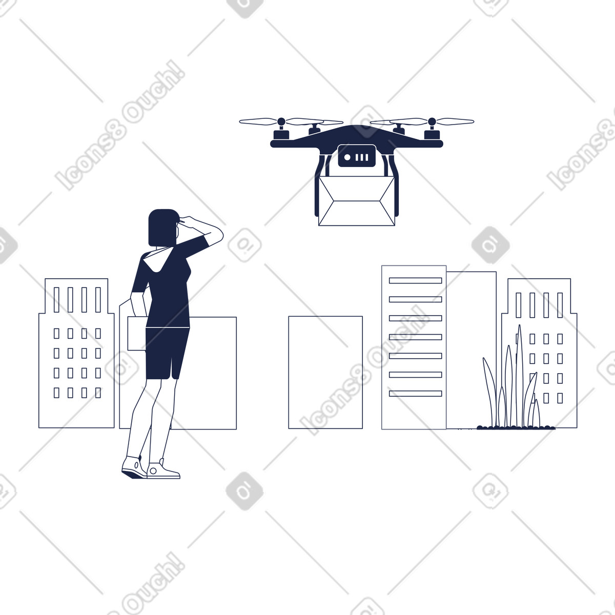 Drone consegna cibo a una donna illustrazione animata in stile Urban Line scaricabile in GIF, Lottie (JSON), AE