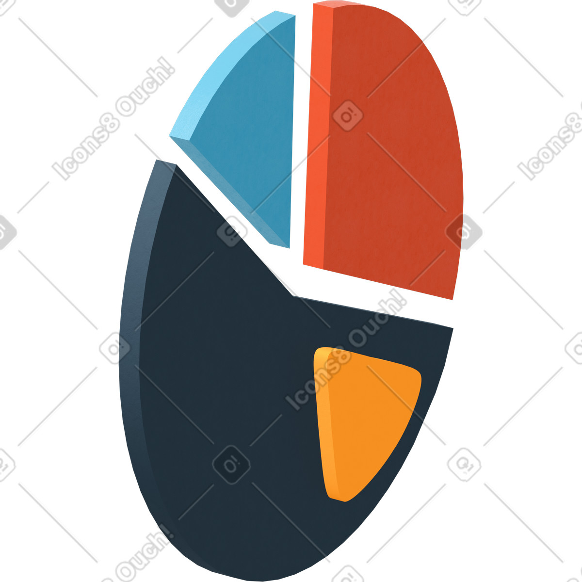 Pie chart with four sectors illustration in 3D Flame style download in PNG, SVG