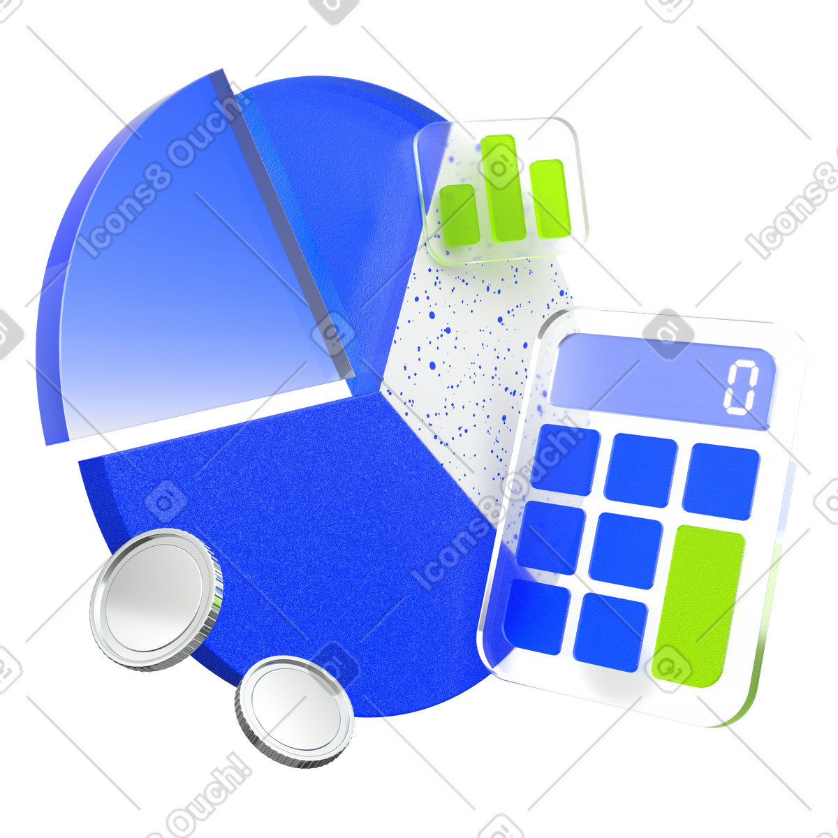 Pie chart with calculator and coins illustration in 3D Enterprise style download in PNG, SVG