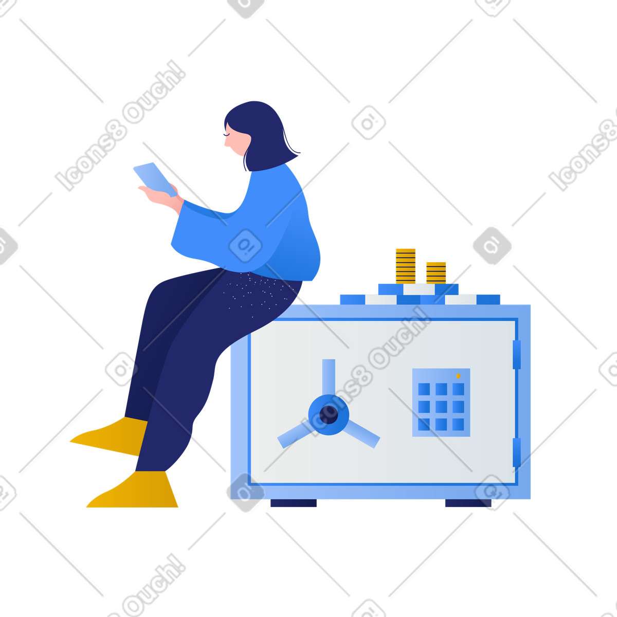 Illustration Femme assise sur le coffre-fort avec téléphone dans style Clip à télécharger aux formats PNG, SVG