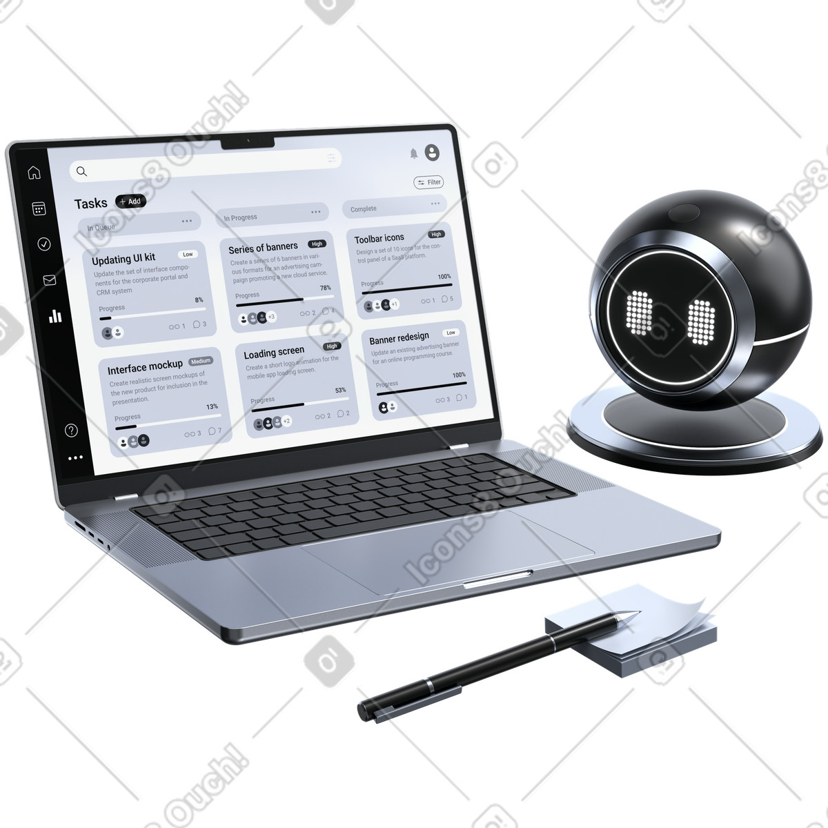 AI productivity workspace, Intelligent project management, Smart collaboration platform illustration in 3D Pro style download in PNG, SVG