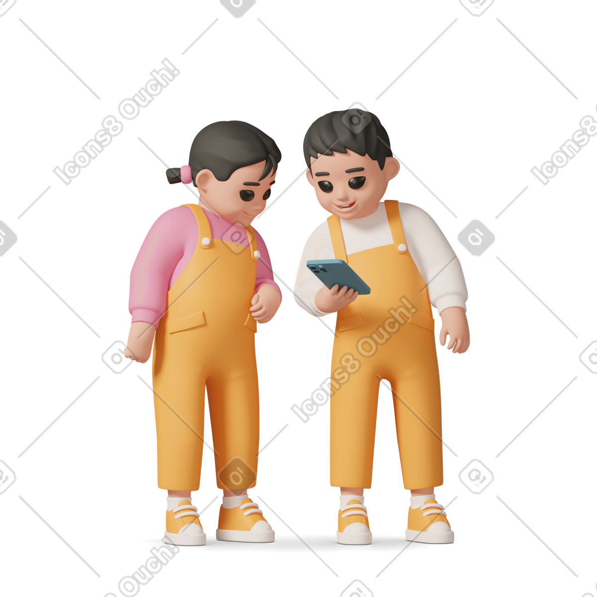Young kids with mobile phone illustration in 3D Casual life style download in PNG, SVG