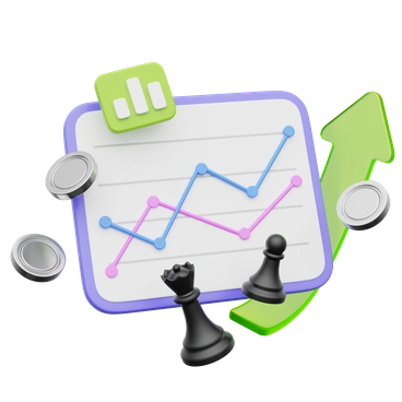 A graph with chess pieces and coins - 3D Playful style illustration