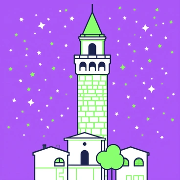 The "Galata Tower" stands tall against a night sky filled with "twinkling stars." This historic stone tower, with its conical top and balcony, is depicted with intricate details, showcasing the texture of the stones and the architectural features. Below the tower, there are silhouettes of nearby buildings, adding depth to the scene. The sky is a rich backdrop, filled with various sized "stars" scattered throughout, creating a dynamic and lively atmosphere. The overall composition highlights the grandeur of the tower amidst the celestial display.