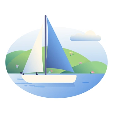 A white sailboat with a vibrant blue sail is gliding smoothly across a calm lake. The sails are fully inflated, indicating a strong breeze pushing the boat forward. The water reflects a clear blue sky with a few fluffy white clouds. In the background, there are green hills gently sloping down to the water's edge, dotted with patches of colorful wildflowers. The sun casts soft shadows on the surface of the lake, creating a serene and tranquil atmosphere.