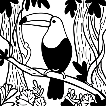 A toucan with a large, brightly colored bill perched on a branch in a dense rainforest. Lush, thick foliage surrounds the toucan, with various leaves and vines entwined around the branches. The background features tall trees with detailed bark textures and overlapping layers of leaves. A few smaller tropical plants can be seen at the base, adding to the dense environment.