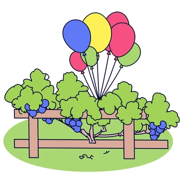 Colorful balloons tied to a fence in a vineyard during a festive occasion