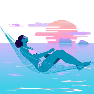 A person lounging in a floating hammock on a calm ocean with a sunset backdrop