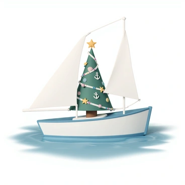 A small sailboat, painted in bright white and accented with blue trim, is gently floating on the water. The boat has a single sail raised, catching the light breeze. At the center of the boat, there is a Christmas tree adorned with nautical ornaments such as starfish, seashells, and anchors. The tree is topped with a shining star, and colorful lights are wrapped around its branches. In the background, the water shimmers under the sunlight, creating a festive atmosphere.
