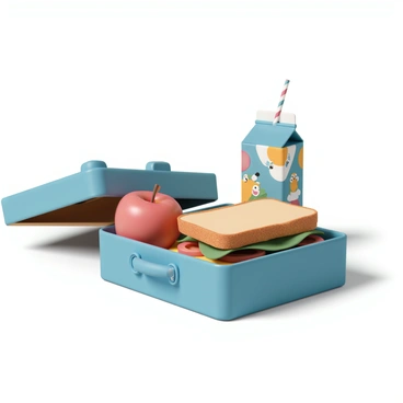An illustrated lunchbox with a juice box, sandwich, and apple peeking out.