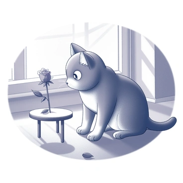 A curious cat with soft fur is bending down to sniff a delicate rosebud. The cat's eyes are wide with interest, showcasing an attentive expression. The rosebud is perched on a small table, its petals slightly open, indicating new bloom. Sunlight streams through a nearby window, casting soft shadows across the wooden floor. There are a couple of leaves around the rosebud, enhancing the natural setting. In the background, a few scattered sunlight reflections create a warm ambiance in the room.