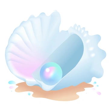 A large seashell positioned on a sandy beach is partially open, revealing a lustrous pearl inside. The shell has intricate ridges and textures, with the exterior displaying a soft gradient of pastel colors, transitioning from pale pink to light blue. The pearl is nestled at the center of the shell, shimmering with iridescence as light reflects off its surface. Surrounding the shell are fine grains of sand, and in the background, gentle waves softly lap against the shore.