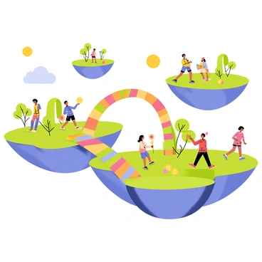 A vibrant scene showing a series of floating islands at different heights in a bright blue sky. Each island has lush green grass, colorful flowers, and various whimsical trees. Rainbow bridges made of bright, multicolored planks connect the islands, creating pathways for exploration. Groups of children of diverse backgrounds are seen excitedly walking across the bridges and exploring the islands. Some kids are climbing trees, while others are gathering flowers or playing games on the grassy patches. The sun shines brightly, casting cheerful shadows on the islands.