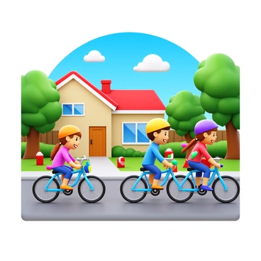 A group of children riding bicycles in a quiet neighborhood. Each bike is adorned with colorful streamers fluttering in the breeze. The children are wearing bright helmets and smiling as they pedal along the tree-lined street. The houses in the background are painted in soft pastel colors, with well-kept lawns and flower beds. A few fluffy clouds are drifting in the blue sky above.