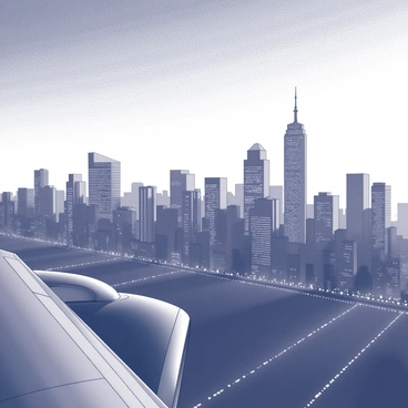 A city skyline viewed from an airplane window during dusk. The horizon is filled with tall buildings of various shapes and sizes, some with illuminated windows. The sky is transitioning from light to dark, with the last rays of sunlight casting silhouettes of the structures. The airplane wing is visible in the frame, cutting through the sky. Below, the streets are lined with dots of light that suggest bustling activity. The atmosphere has a sense of depth, showcasing the vastness of the urban landscape.