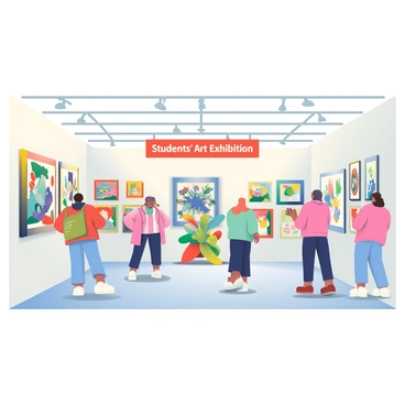 An exhibition hall is filled with colorful art projects created by students for the baccalauréat. Various pieces are displayed on white walls, including paintings, sculptures, and mixed media installations. Some paintings feature vibrant abstract designs, while others depict realistic landscapes and portraits. In the center, a large sculpture made of recycled materials catches the eye, showcasing creativity and innovation. Students are present, engaging with visitors and explaining their works. The lighting is bright and focused on the art, highlighting the details and textures of each piece. A banner reading "Students' Art Exhibition" hangs above the entrance, welcoming guests.