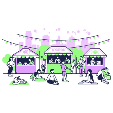 A bustling city cultural festival is taking place in an open area. There are several food stalls arranged in a row, each one decorated with vibrant banners and signage displaying various cuisines. Behind the food stalls, a small stage hosts live performances, with musicians playing instruments and dancers showcasing traditional moves. People are gathered around the stage, some sitting on picnic blankets while others stand to enjoy the show. Colorful string lights are draped overhead, adding to the festive atmosphere. In the background, a city skyline is visible, with buildings rising against the sky.