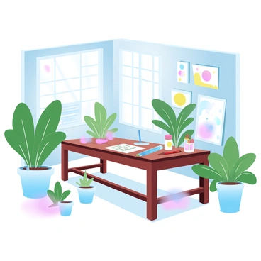 A room filled with lush green plants of varying sizes, arranged in pots of different shapes. A large wooden table occupies the center of the room, covered with an array of art supplies including paints, brushes, and sketchbooks. Brightly colored art pieces are displayed on the walls, showcasing different styles and techniques. Sunlight filters in through large windows, illuminating the space with a warm glow.
