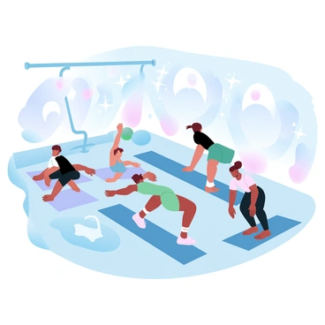 A gym space filled with vibrant murals depicting energetic scenes of movement and fitness. The walls are adorned with colorful designs that inspire activity. In the center, individuals are performing heel slides on exercise mats. They are wearing athletic clothing and are focused on their workout. Some are in various stages of the heel slide movement, showcasing a mix of styles and forms. The floor is polished, and fitness equipment is arranged neatly around the area.